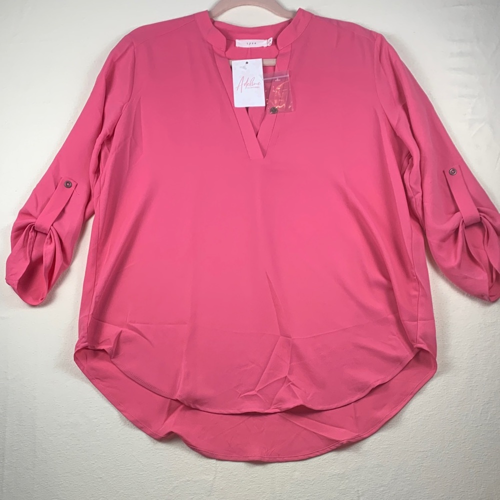 Lush Women’s Blouse Top NWT Large Pink VNeck 3/4 Tab Sleeves 100% Polyester